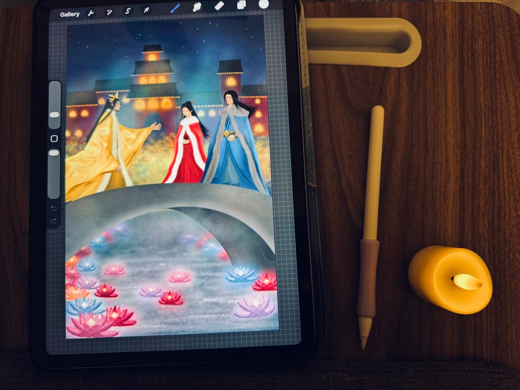 photo of a fake candle, ipad pencil, and an ipad with an illustration of a woman and two men dressed in fine ancient robes on a bridge during a festival with lotus lanterns and asian buildings in the background